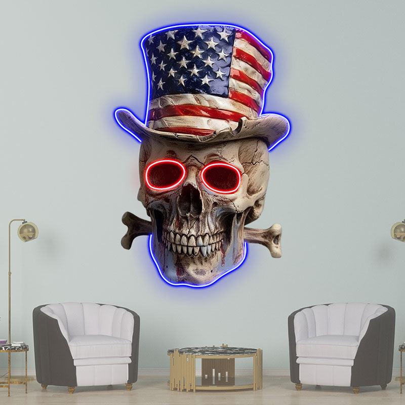 Patriotic Skull Wearing an American Flag Hat: neon signs A Bold and Unique Decoration!