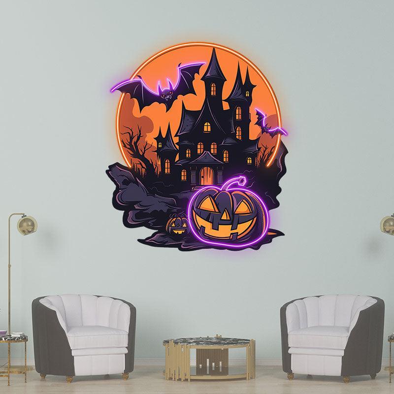 Dark Castle Halloween Neon signs Light | Spooky Moonlit Scene with Bat