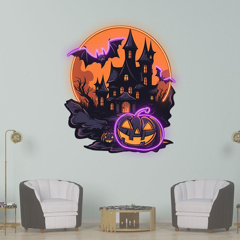 Dark Castle Halloween Neon signs Light | Spooky Moonlit Scene with Bats and Jack-o’-Lanterns Decoration