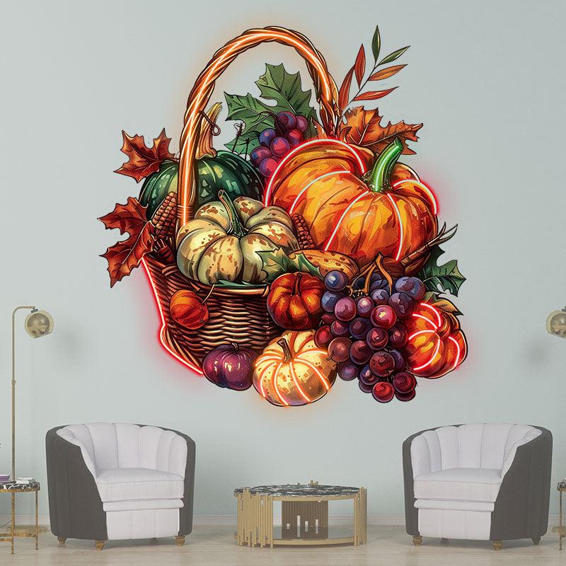 Thanksgiving Harvest Basket:neon signs a cozy combination of pumpkins, grapes and maple leaves