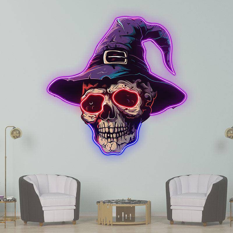 Spooky Skeleton in Wizard Hat and Glasses: Neon signs Halloween Decor for a Magical Touch!