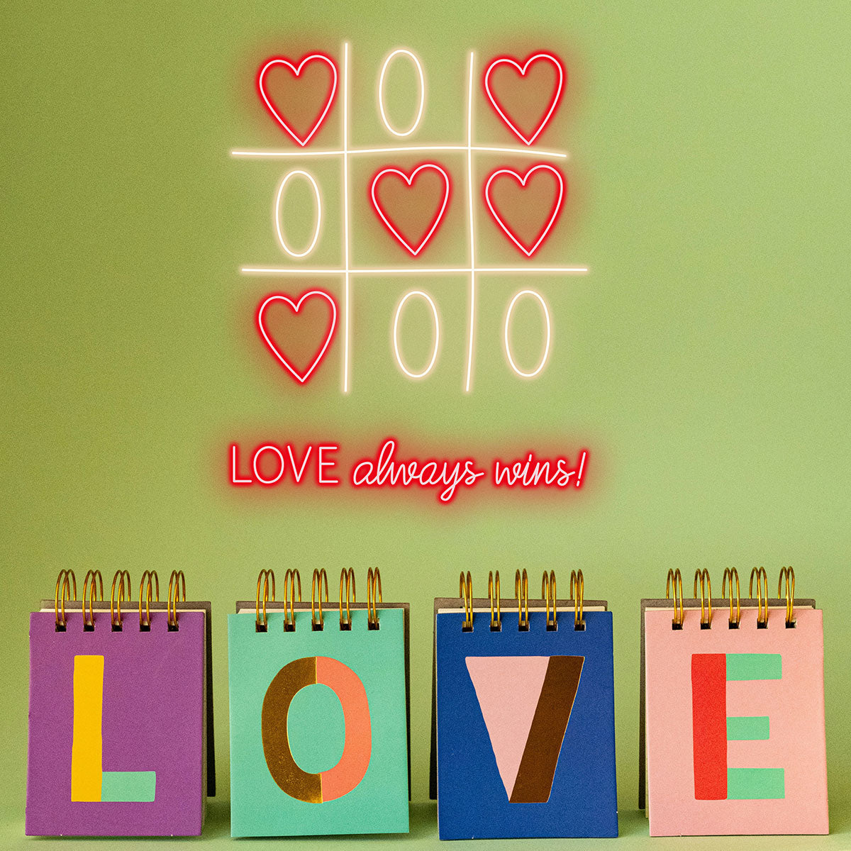 Tic Tac Toe Neon Sign with Red Hearts & Gold Lines | “LOVE Always Wins” LED Wall Light for Game Room or Couples Gift