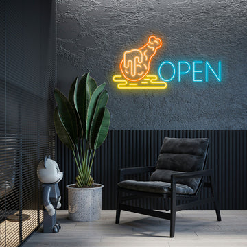 Chicken Leg Open LED Neon Sign Wall Decor for Restaurants, Food Trucks, Bars—Neon Light Gift for Foodies, Chefs & Entrepreneurs
