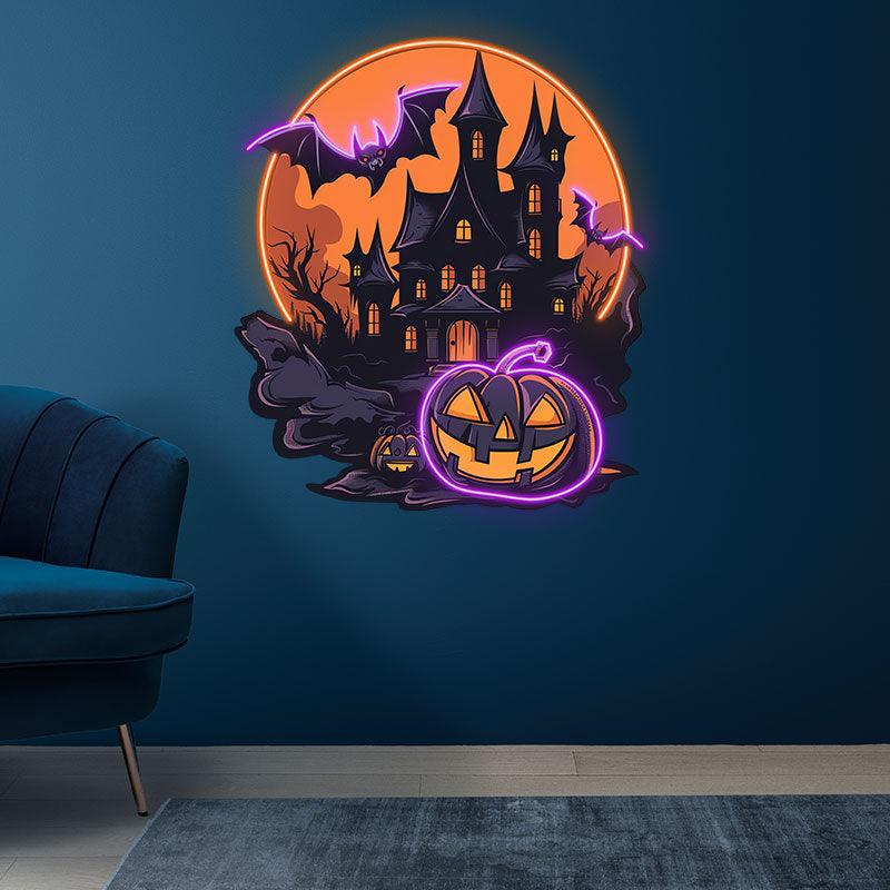 Dark Castle Halloween Neon signs Light | Spooky Moonlit Scene with Bat