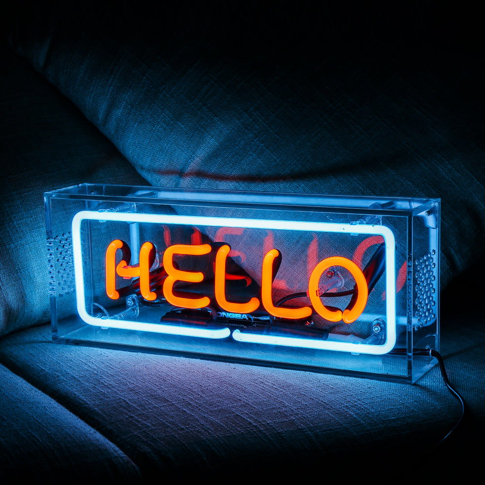 "HELLO" neon sign for bar,table standing glass neon tube sign box