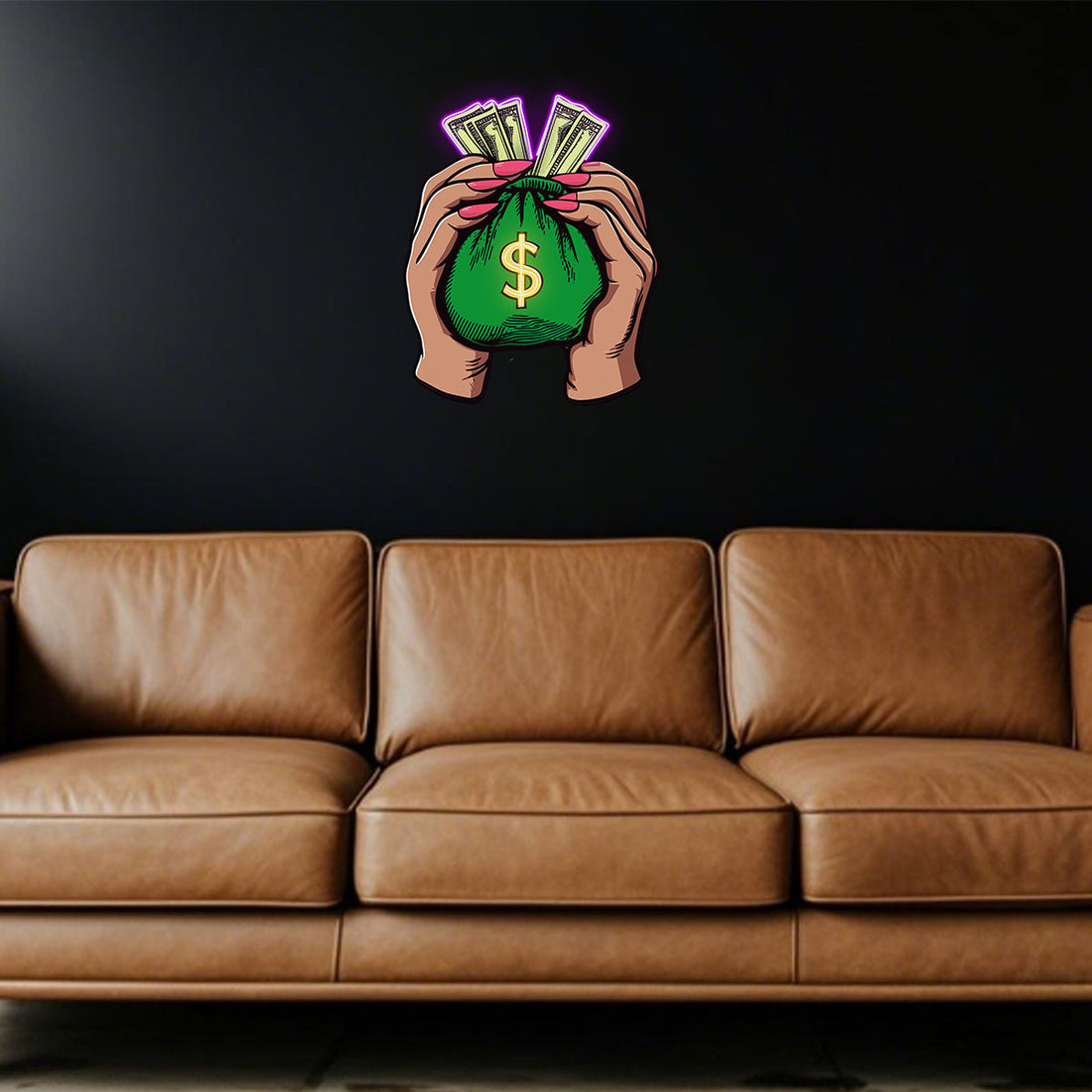 Large LED Neon Sign for Home Art, Hands Holding Money Bag & Dollar Design, Man Cave Neon Lights, Suitable for Bedroom, Home Office, Hotel, Cafe, and Recreation Room Wall Decor