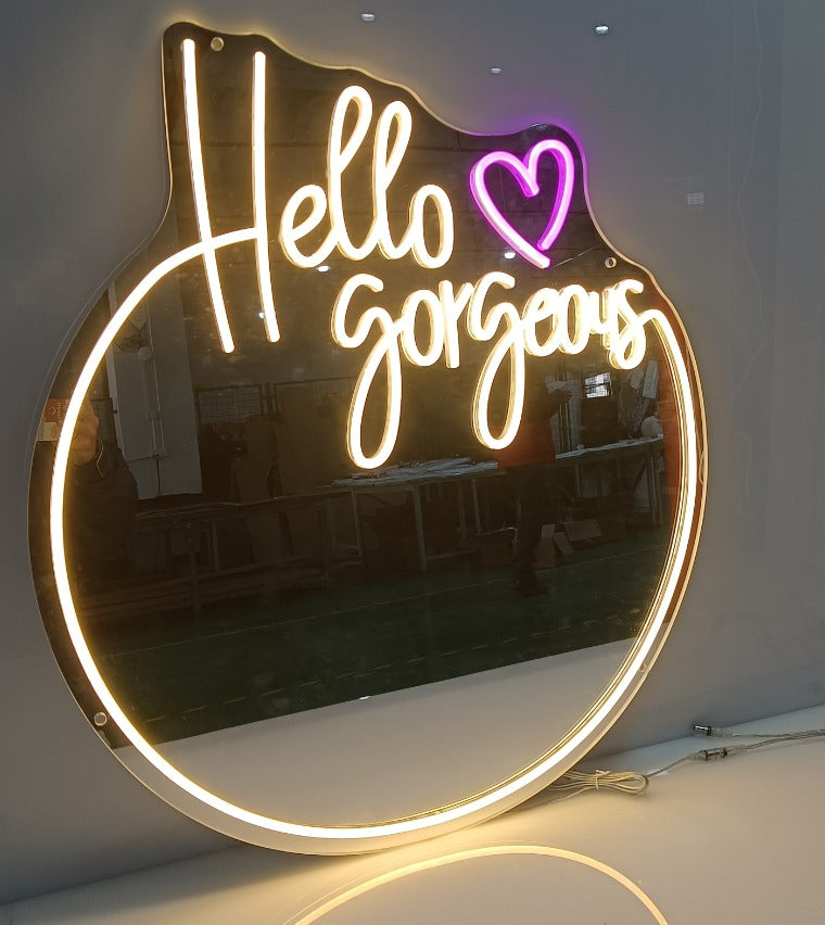 Hello Gorgeous Neon Sign Neon Mirror with Light Makeup Mirror Wall Decor Mirror Light