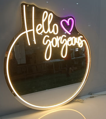 Hello Gorgeous Neon Sign Neon Mirror with Light Makeup Mirror Wall Decor Mirror Light
