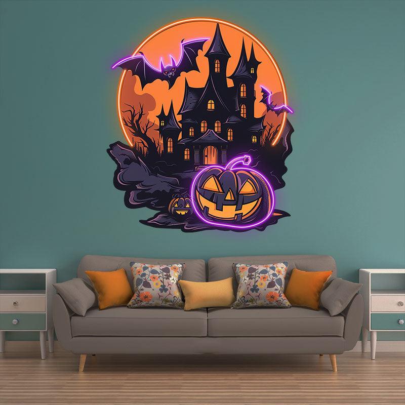 Dark Castle Halloween Neon signs Light | Spooky Moonlit Scene with Bat