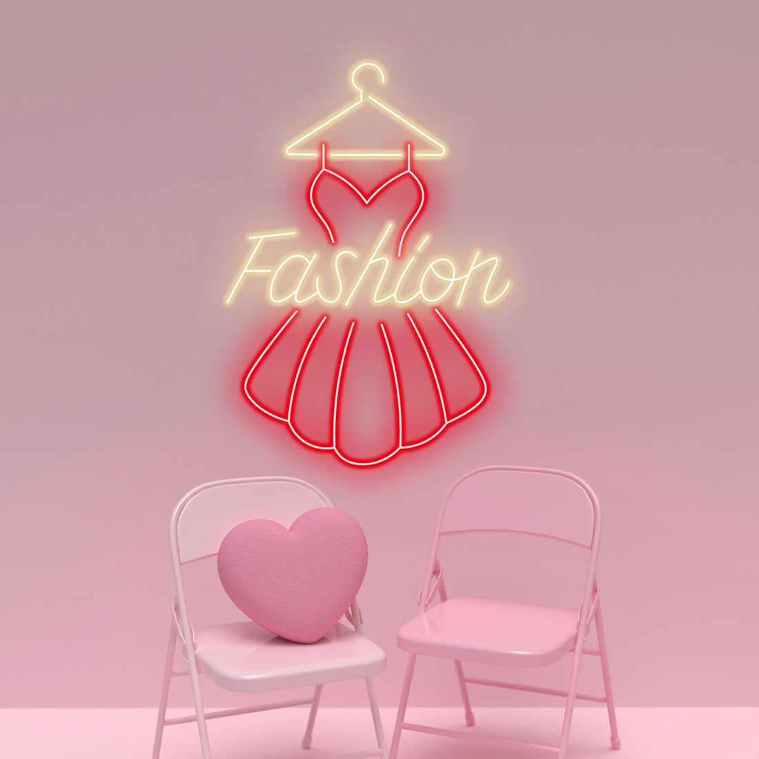 Fashion Neon Sign with Gold Hanger & Red Dress | Boutique LED Wall Light for Clothing Store, Closet or Dressing Room Decor