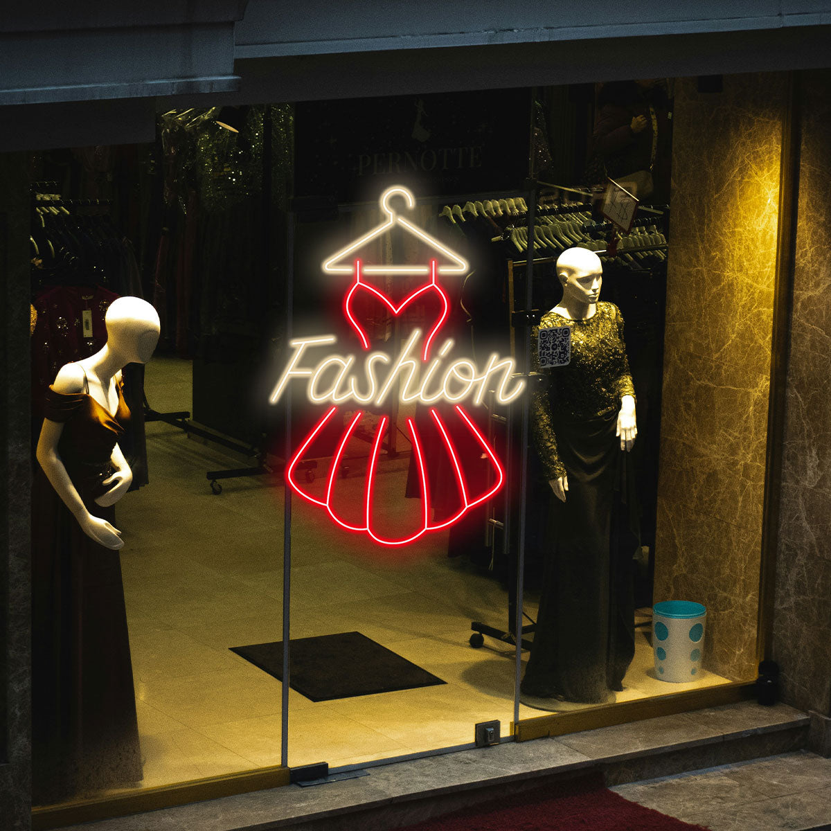 Fashion Neon Sign with Gold Hanger & Red Dress | Boutique LED Wall Light for Clothing Store, Closet or Dressing Room Decor