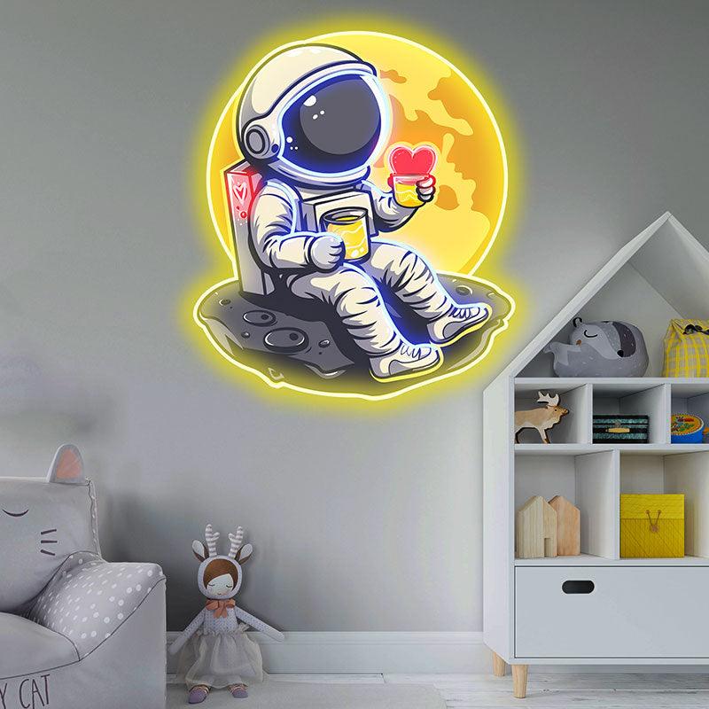 Love in Space: Astronaut Sipping Heart-Shaped Drink Neon Light - Charming LED Decor for Romantic Space Enthusiasts