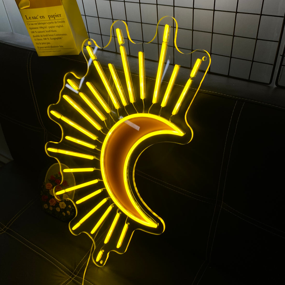 Custom Yellow Crescent Moon Neon Sign – Sun & Moon Boho LED Light Wall Decor for Bedroom, Meditation Room, Yoga Studio, Spiritual Aesthetic – Personalized Neon Light for Gift or Home Decor