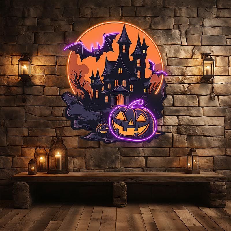 Dark Castle Halloween Neon signs Light | Spooky Moonlit Scene with Bat
