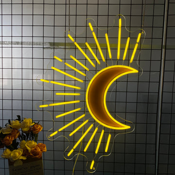 Custom Yellow Crescent Moon Neon Sign – Sun & Moon Boho LED Light Wall Decor for Bedroom, Meditation Room, Yoga Studio, Spiritual Aesthetic – Personalized Neon Light for Gift or Home Decor