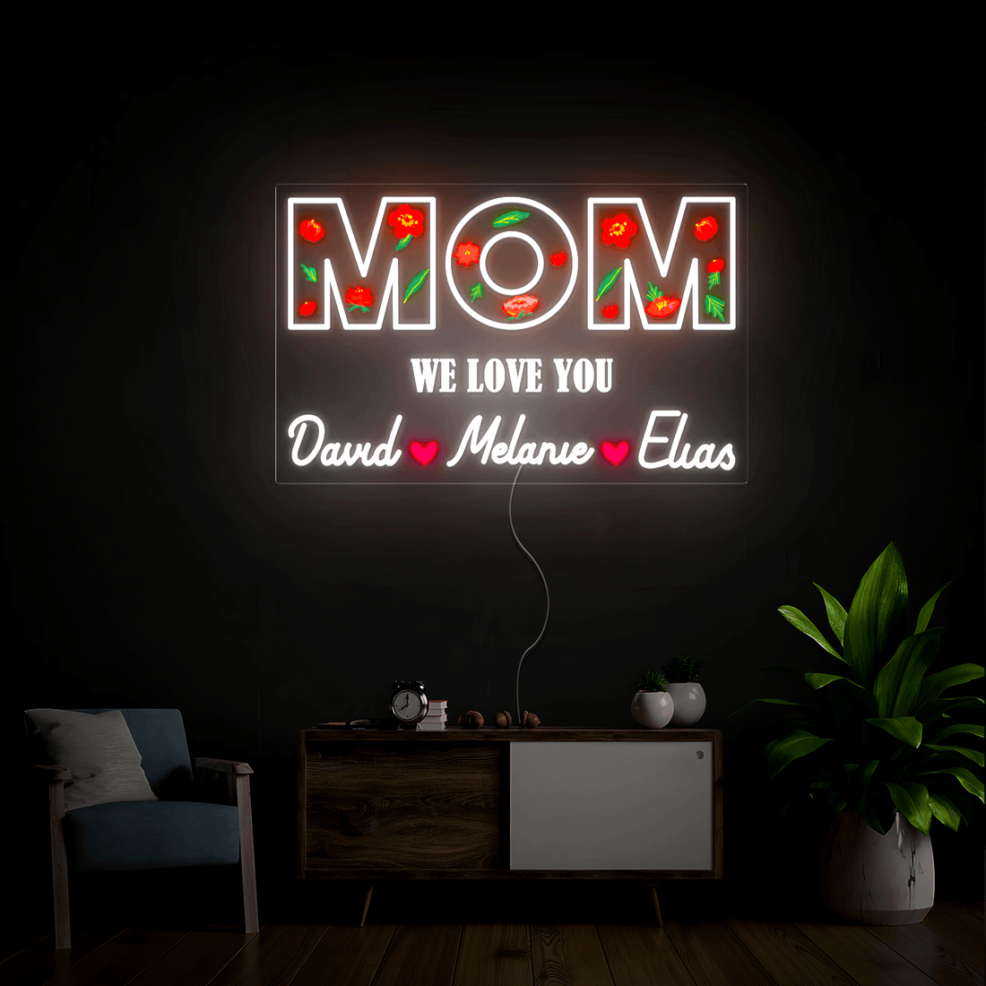 Personalized Flower Printed We Love Mom Neon Sign