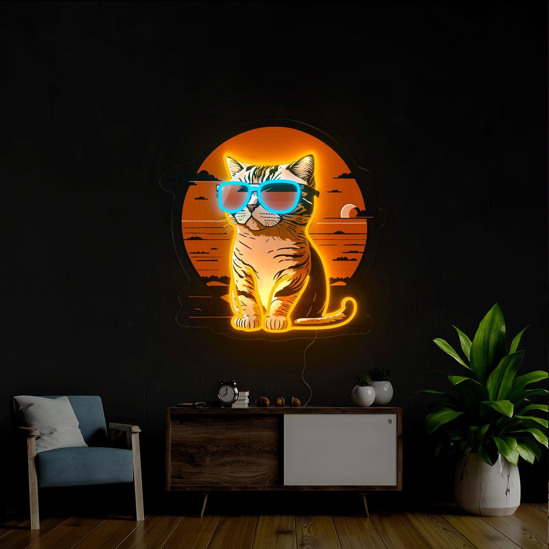 Sunset With Kitten Artwork Neon Sign