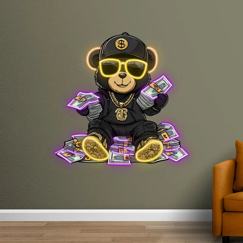 Rich Bear Sitting On The Pile Of Money Neon Sign, Creative Wall Hanging Neon Light, Whimsical Decor Light