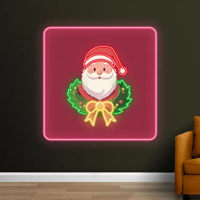 Santa Claus Neon Wreath Poster – Glowing Santa with Neon Wreath Design, Perfect for Festive Home or Office Christmas Decorations