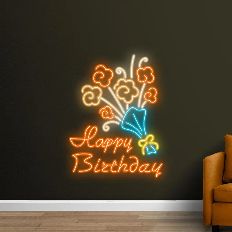 Neon Flower Bouquet "Happy Birthday" LED Sign, Celebrate in Style with Unique Neon Party Decor, Creative Gift for Birthday Party