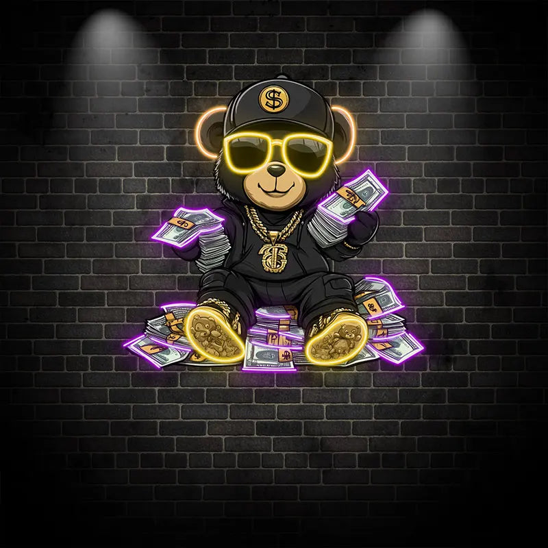 Rich Bear Sitting On The Pile Of Money Neon Sign, Creative Wall Hanging Neon Light, Whimsical Decor Light