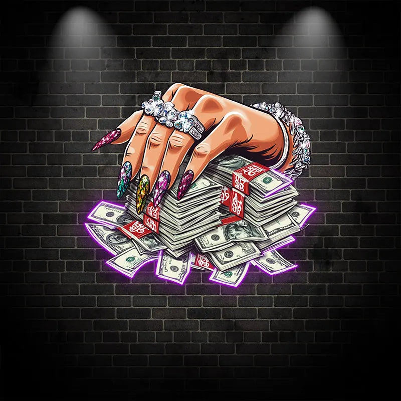 Jeweled Hand Pressed A Handful Of Money Neon Sign, Creative Wall Hanging Neon Light, Wall Decor LED Light