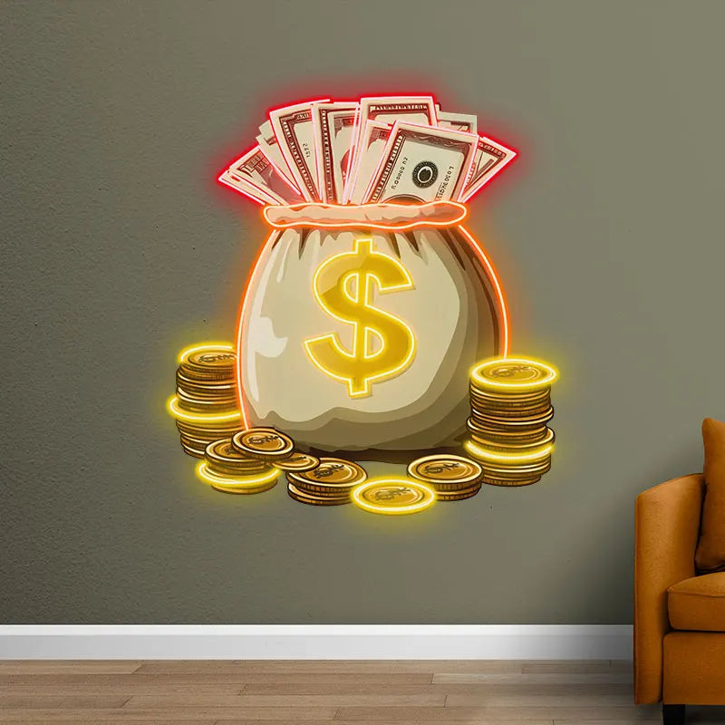 Money And Gold Coins Bag Neon Sign, Creative Wall Hanging Neon Light, Perfect Gift Good Luck Decor Light