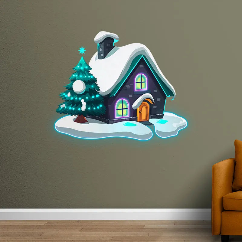 Christmas Cottage Snow Christmas Tree Neon Sign, Creative Wall Hanging Neon Light, Perfect Christmas Decor Light