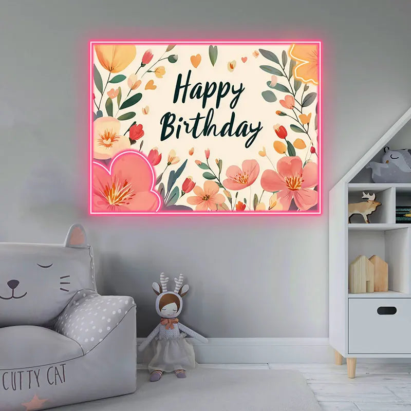 Floral Happy Birthday Neon Light – Beautiful Flower-Themed LED Sign for Birthday Party Decors, Perfect for Elegant Celebrations