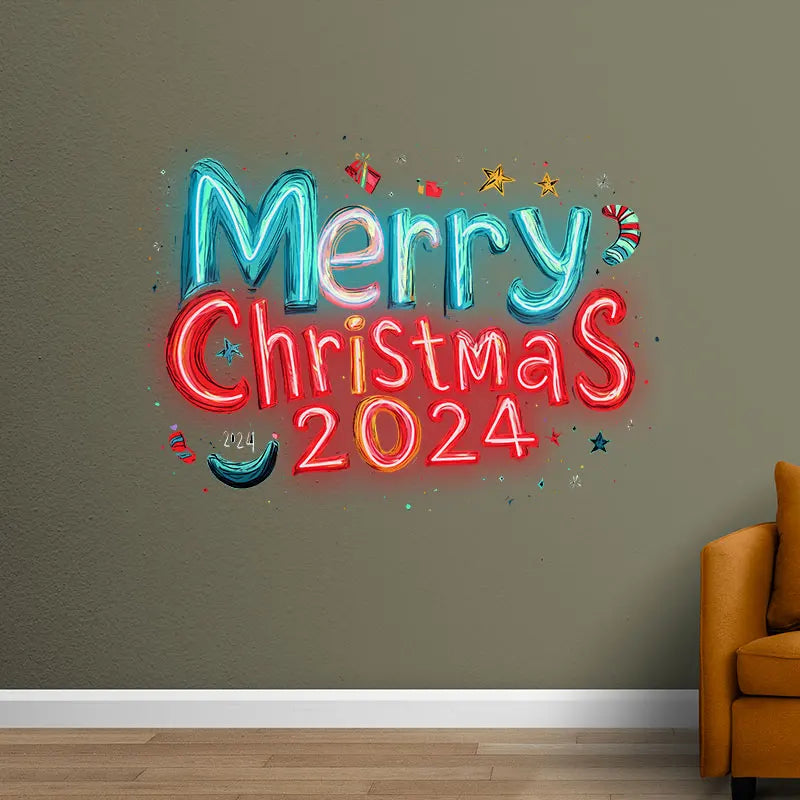 Merry Christmas 2024 Blue And Red Text Neon Sign, Creative Wall Hanging Neon Light, Christmas Decor Light