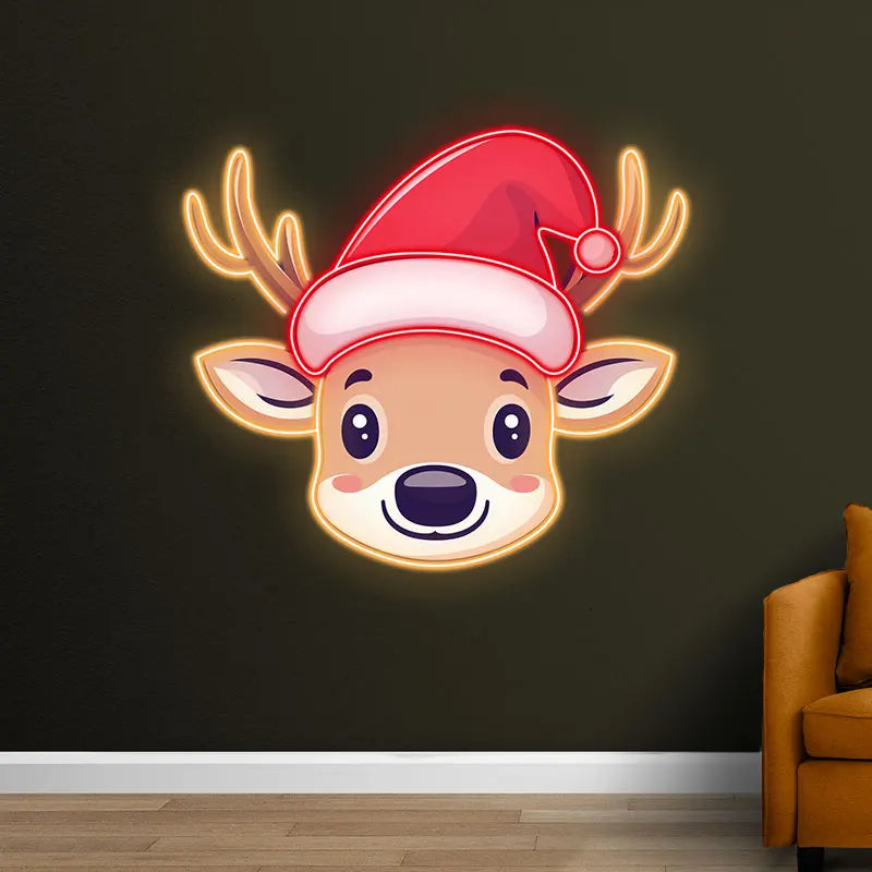 Reindeer Neon Sign Christmas Print Art – Cute Reindeer with Bell and Santa Hat, Festive Wall Art for Kids Room or Holiday Decor