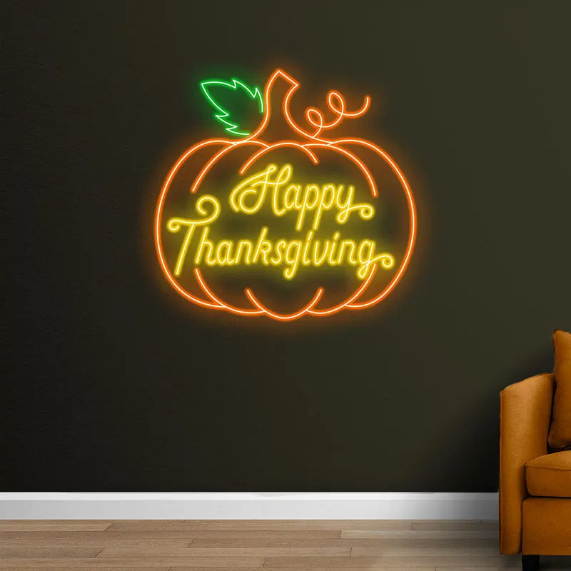 Happy Thanksgiving Neon Pumpkin Sign – Bright Pumpkin Glow for Festive Home Decor, Perfect for Holiday Dinner & Party Decoration