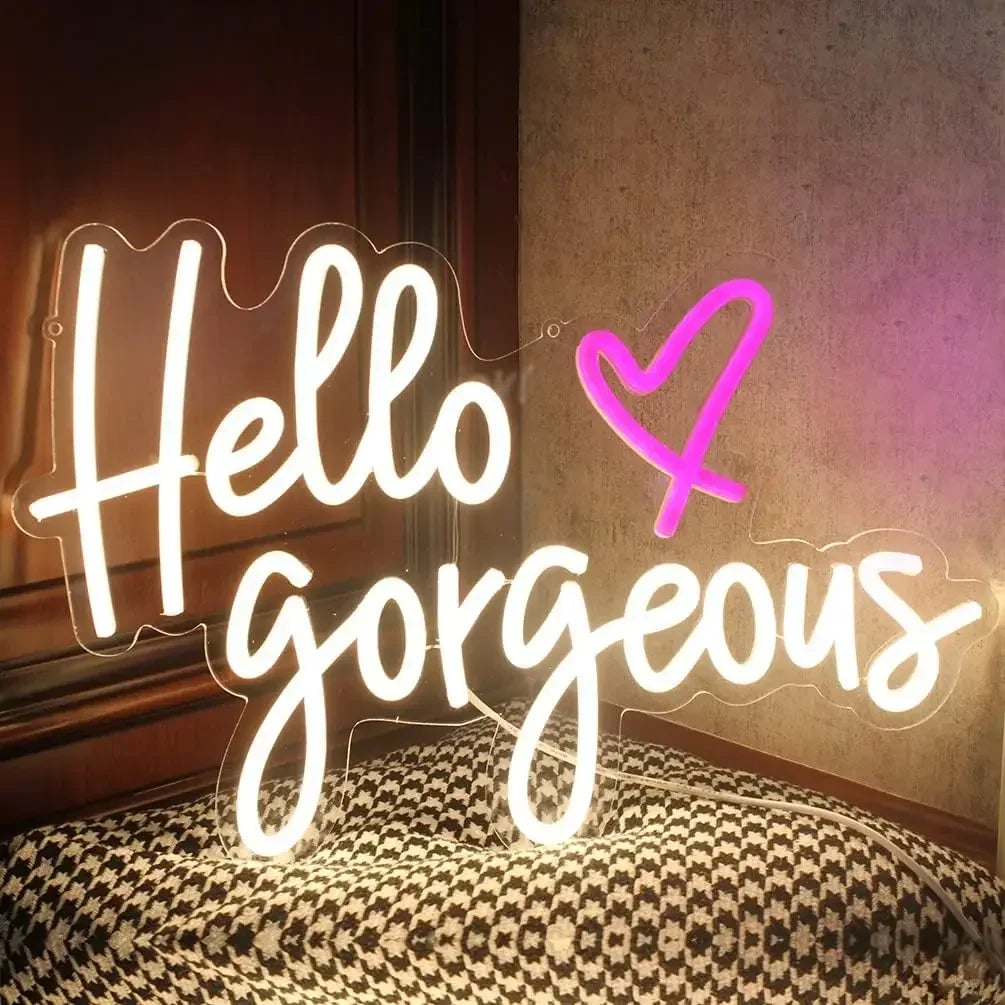 Warm White Hello Gorgeous LED Neon Sign - Aesthetic Wall Decor for Bedroom, Beauty Salon, Vanity - Custom Neon Light for Girls Room or Gift
