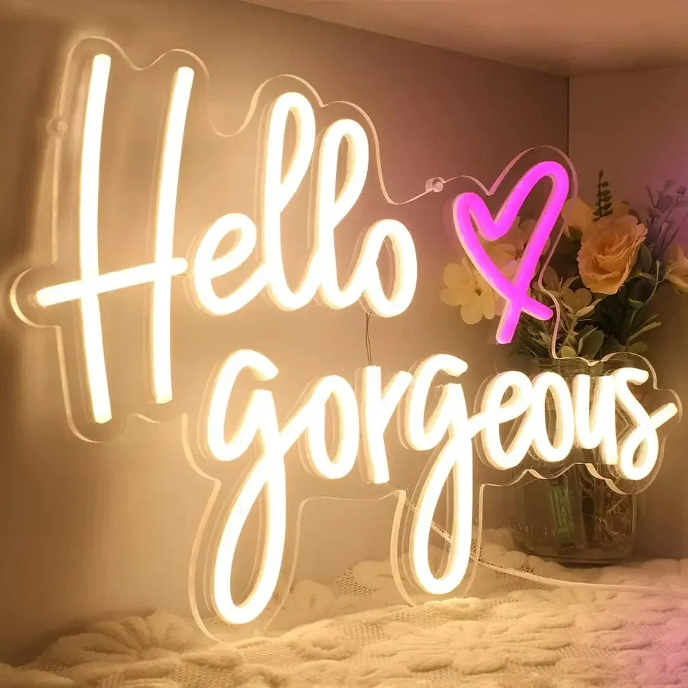 Warm White Hello Gorgeous LED Neon Sign - Aesthetic Wall Decor for Bedroom, Beauty Salon, Vanity - Custom Neon Light for Girls Room or Gift