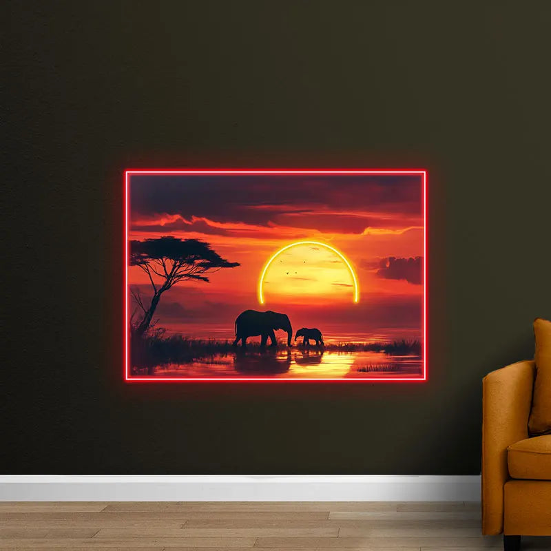 Toysign Elephant Sunset Neon Wall Art – Radiant Wall Decor with African Wildlife, Perfect for Living Room or Office Ambiance