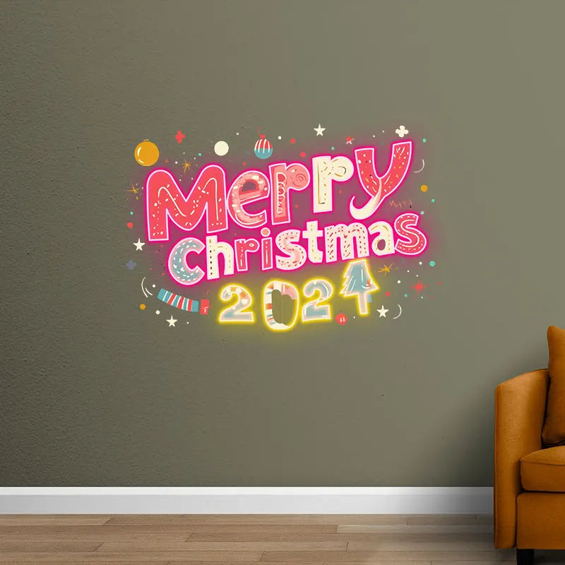 Merry Christmas 2024 Text Neon Sign, Creative Wall Hanging Neon Light, Charming Christmas Decor Light