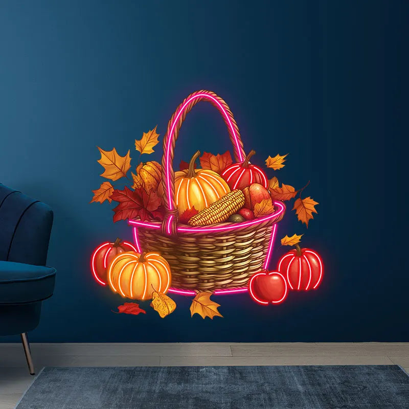 Autumn Harvest Basket Thanksgiving Neon Light – Rustic LED Thanksgiving Decor with Pumpkins, Corn and Apples, Autumn Home decor