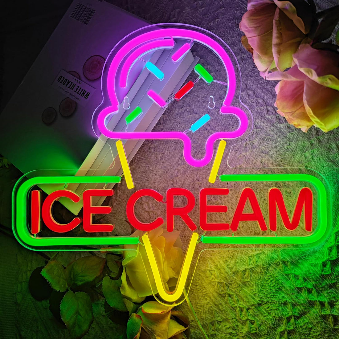 Ice Cream Neon Sign LED Wall Light – Cute Neon Light Up Sign for Bedroom, Kids Room, Dessert Shop, Ice Cream Parlor, Party Decor, Aesthetic Wall Art, Custom Neon Light for Girl Room