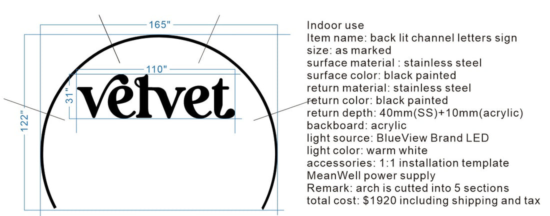 2 set backlit channel letters, 1 outdoor, 1 indoor with arch