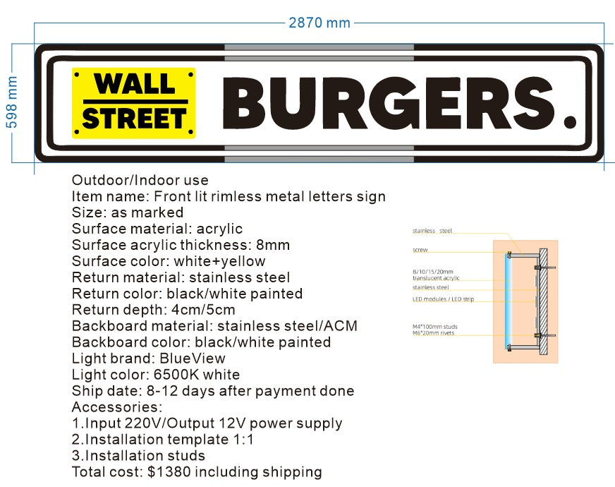 wall street burgers channel letters sign, 2 sets