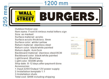 wall street burgers channel letters sign, 2 sets