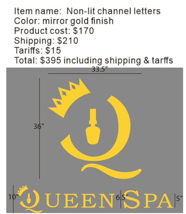 Mirror gold finished stainless steel channel letters sign, 3" depth