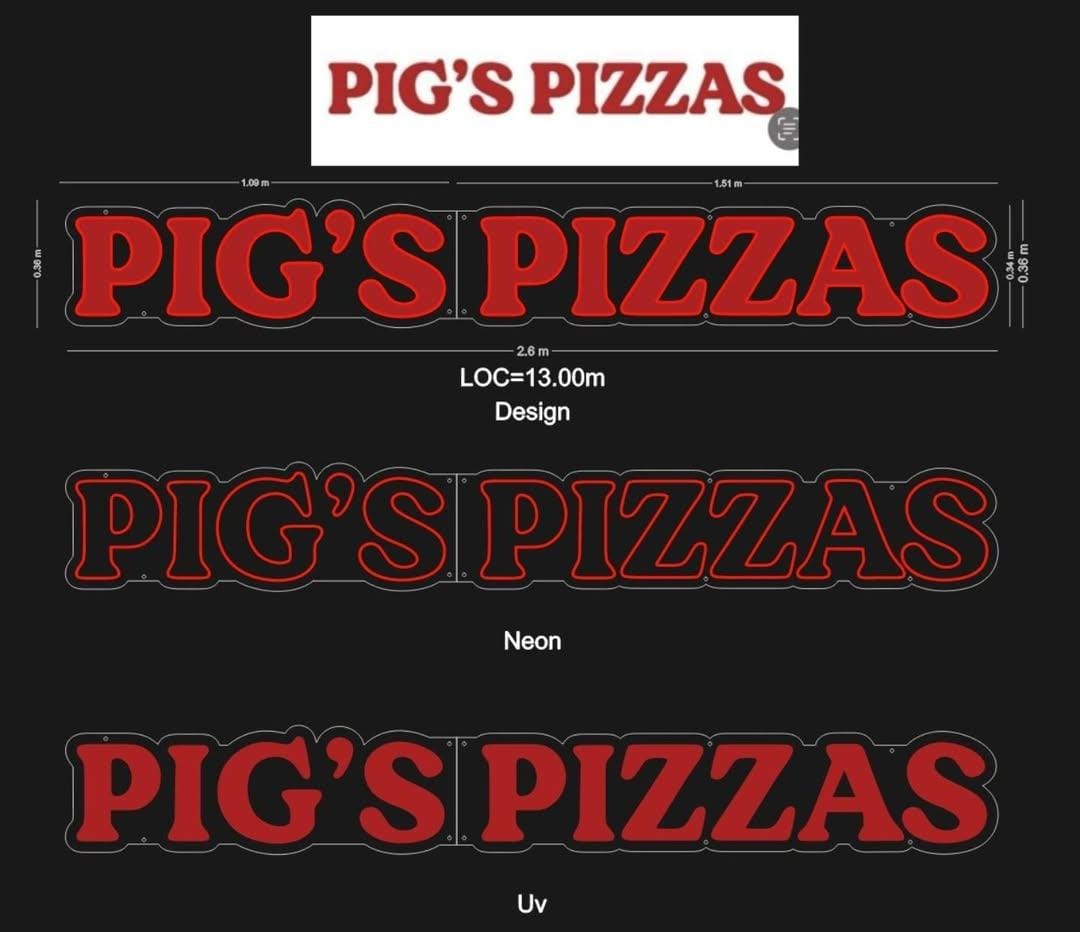 UV printed red PIG'S PIZZAS neon sign