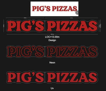UV printed red PIG'S PIZZAS neon sign