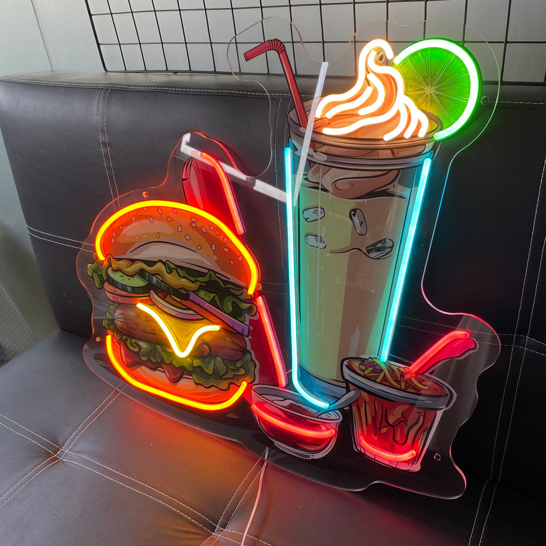 Burger Fries Drink Neon Sign – LED Fast Food Neon Light for Restaurant, Cafe, Kitchen, Bar Wall Decor, Takeaway Shop, Diner, Custom LED Signboard