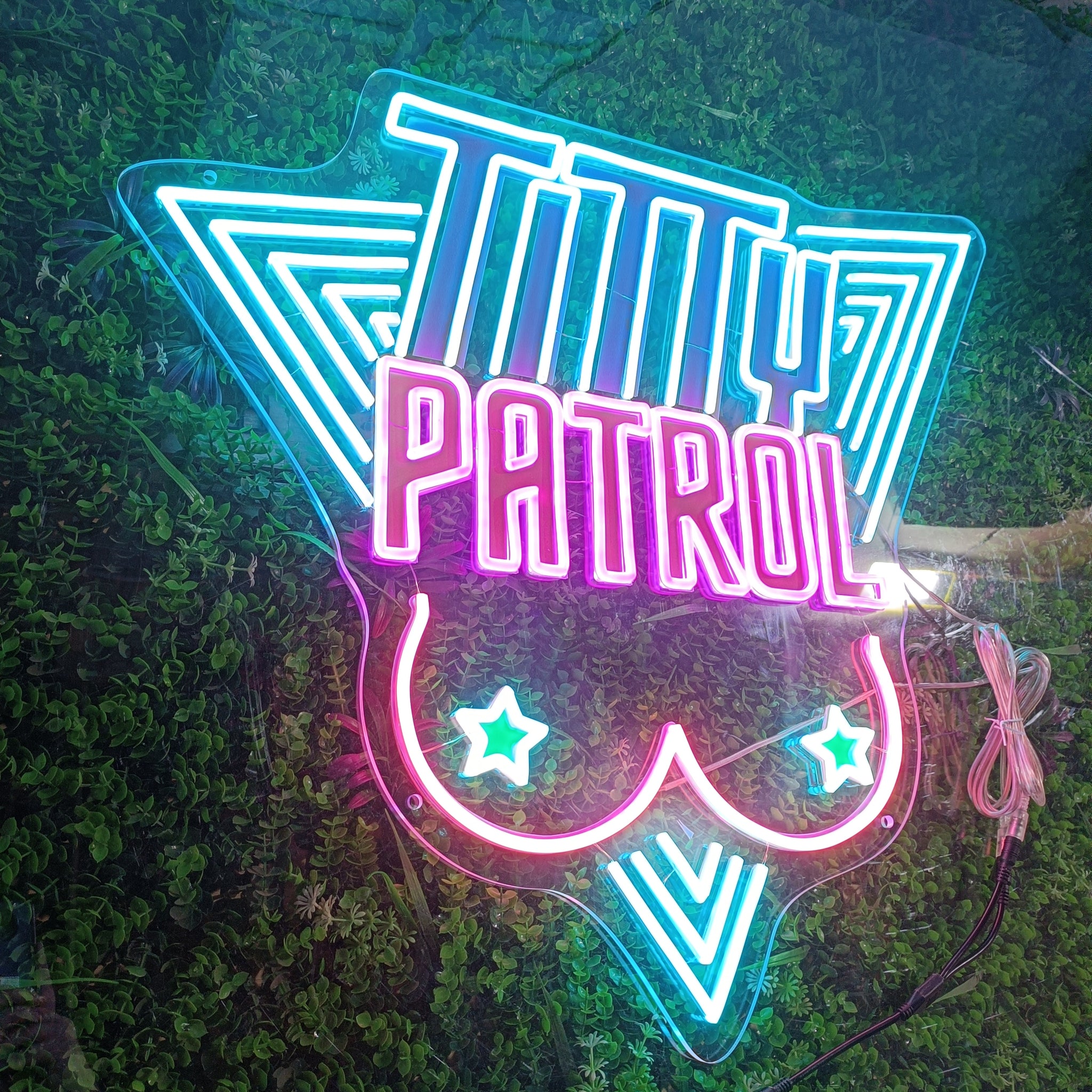 Custom Design USB - Powered LED Neon Sign with 3D Carving for Home and Commercial Decor, ‘TITTY PATROL’ Text, Bra and Star Symbols