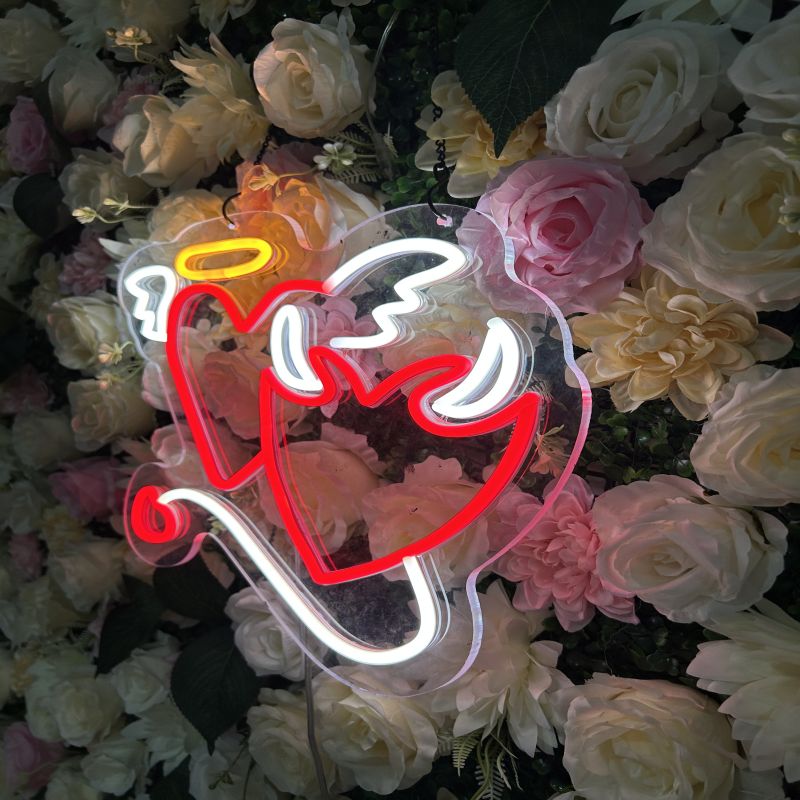 Angel & Devil Heart Neon Sign - LED Wall Light with Wings, Halo & Horns for Romantic Room Decor, Couples Gift, Aesthetic Vibes