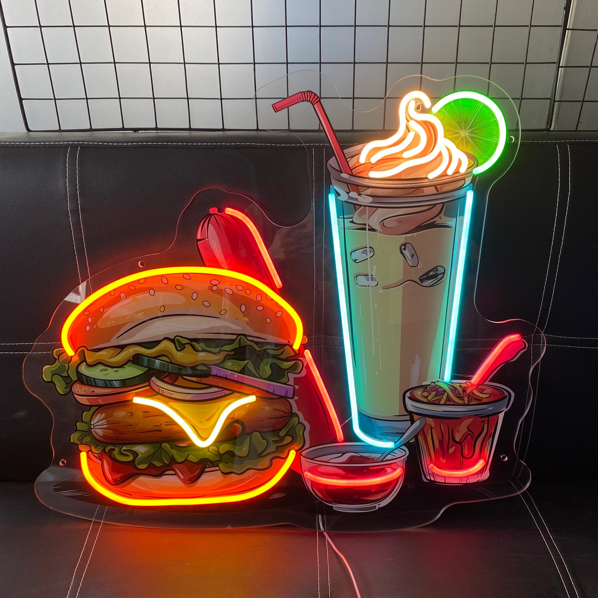 Burger Fries Drink Neon Sign – LED Fast Food Neon Light for Restaurant, Cafe, Kitchen, Bar Wall Decor, Takeaway Shop, Diner, Custom LED Signboard