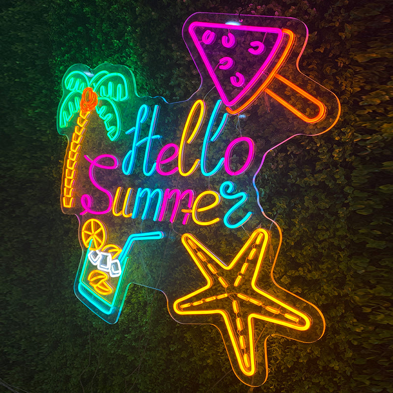Hello Summer Neon Sign - Vibrant Multicolor LED Light for Tropical Vibes, Eye-Catching Wall Decor for Parties, Beach Houses & Summer Rooms