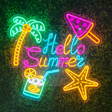 Hello Summer Neon Sign - Vibrant Multicolor LED Light for Tropical Vibes, Eye-Catching Wall Decor for Parties, Beach Houses & Summer Rooms